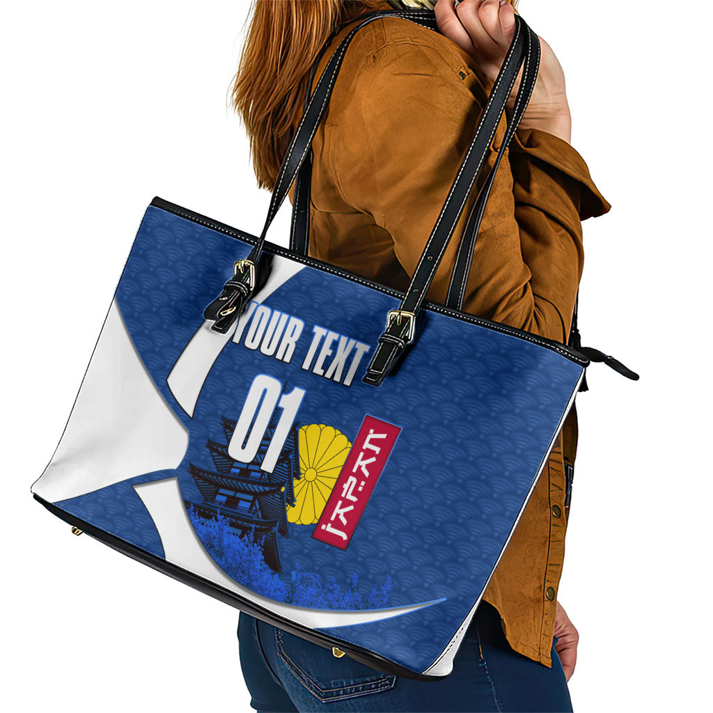 Personalized Japan Football Kitsune Mascot Leather Tote Bag Japanese Pagoda Kitsune Mask Blue Samurai Style