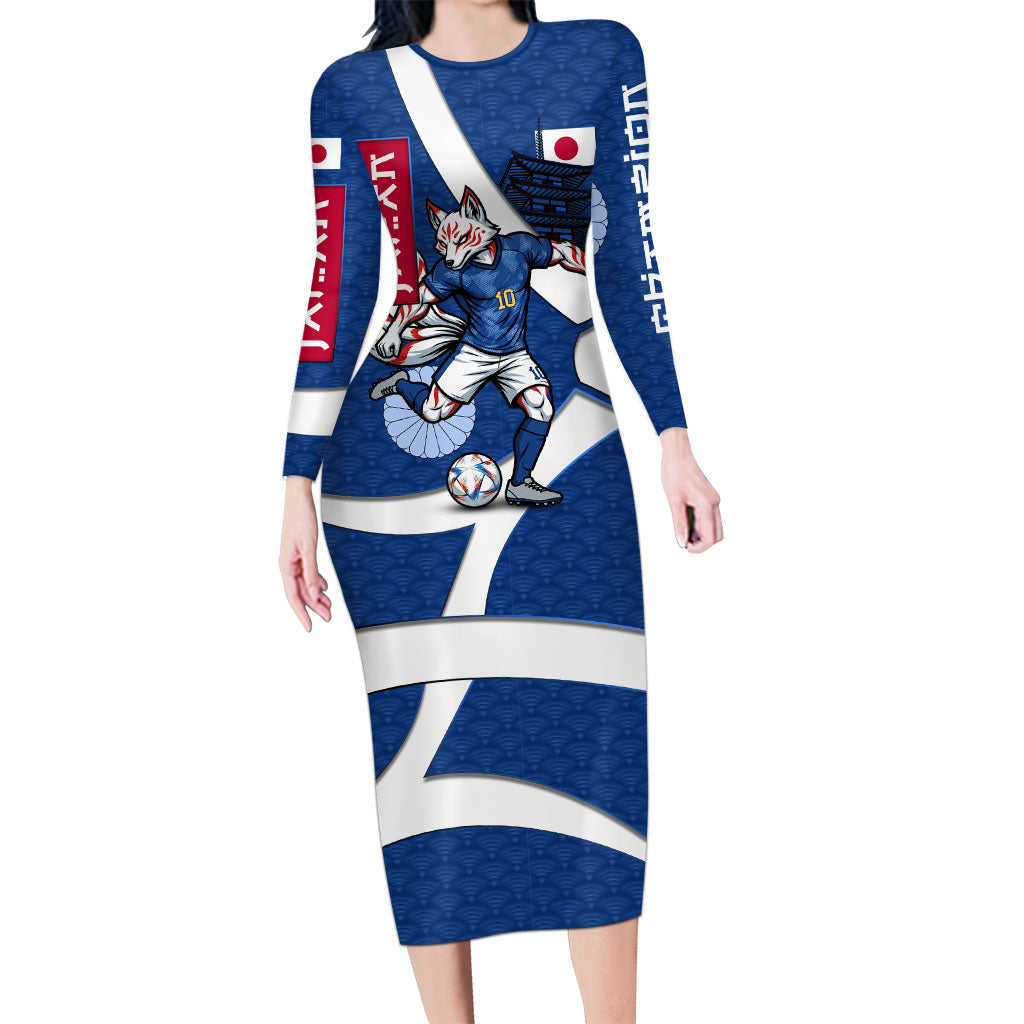 Personalized Japan Football Kitsune Mascot Long Sleeve Bodycon Dress Japanese Pagoda Kitsune Mask Blue Samurai Style