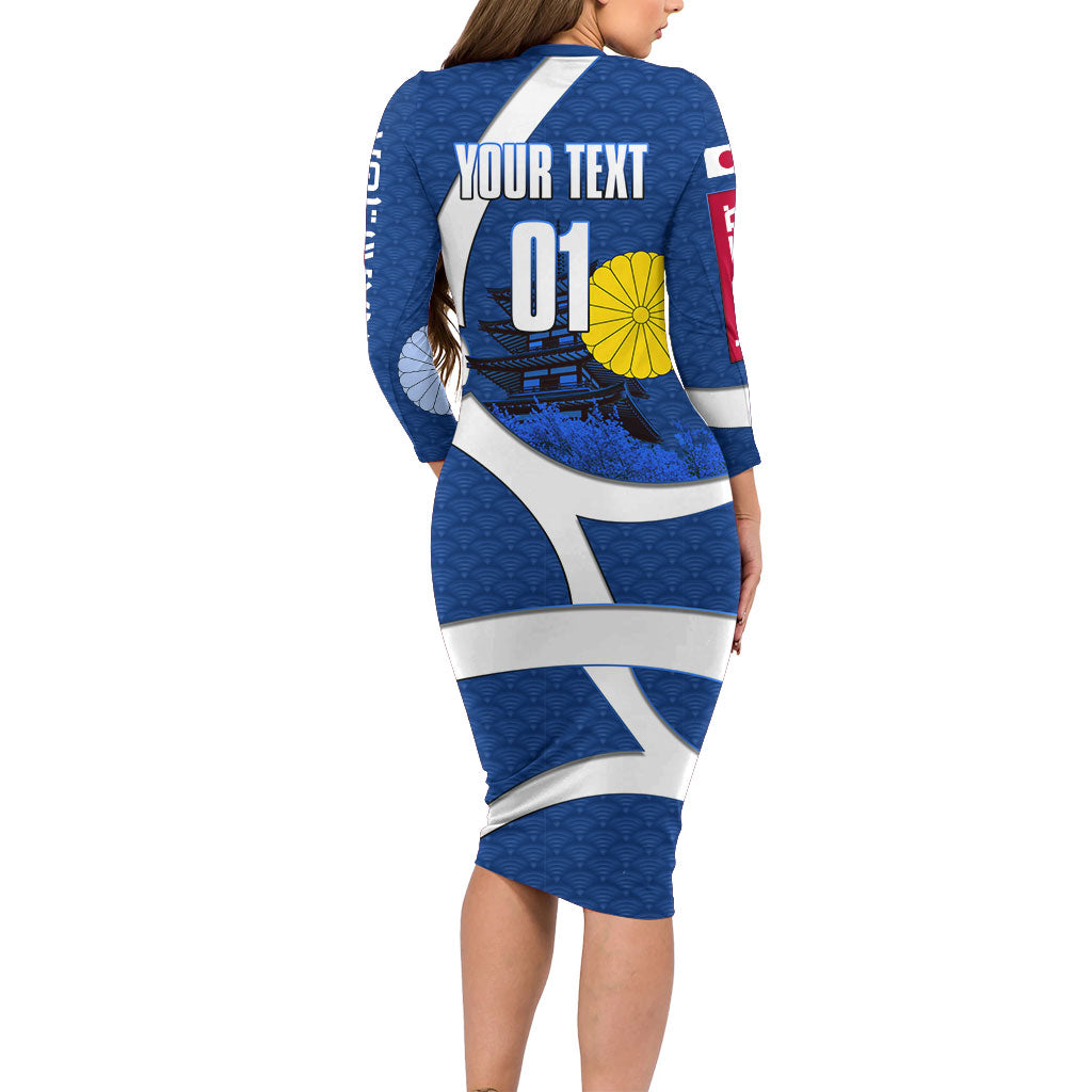 Personalized Japan Football Kitsune Mascot Long Sleeve Bodycon Dress Japanese Pagoda Kitsune Mask Blue Samurai Style