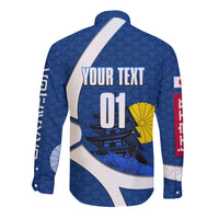 Personalized Japan Football Kitsune Mascot Long Sleeve Button Shirt Japanese Pagoda Kitsune Mask Blue Samurai Style