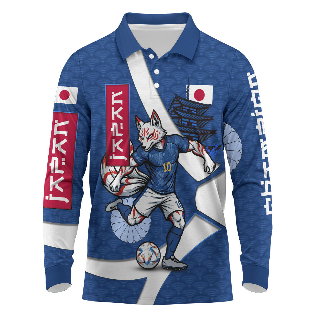 Personalized Japan Football Kitsune Mascot Long Sleeve Polo Shirt Japanese Pagoda Kitsune Mask Blue Samurai Style