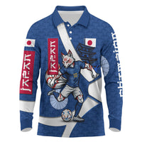 Personalized Japan Football Kitsune Mascot Long Sleeve Polo Shirt Japanese Pagoda Kitsune Mask Blue Samurai Style