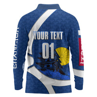 Personalized Japan Football Kitsune Mascot Long Sleeve Polo Shirt Japanese Pagoda Kitsune Mask Blue Samurai Style