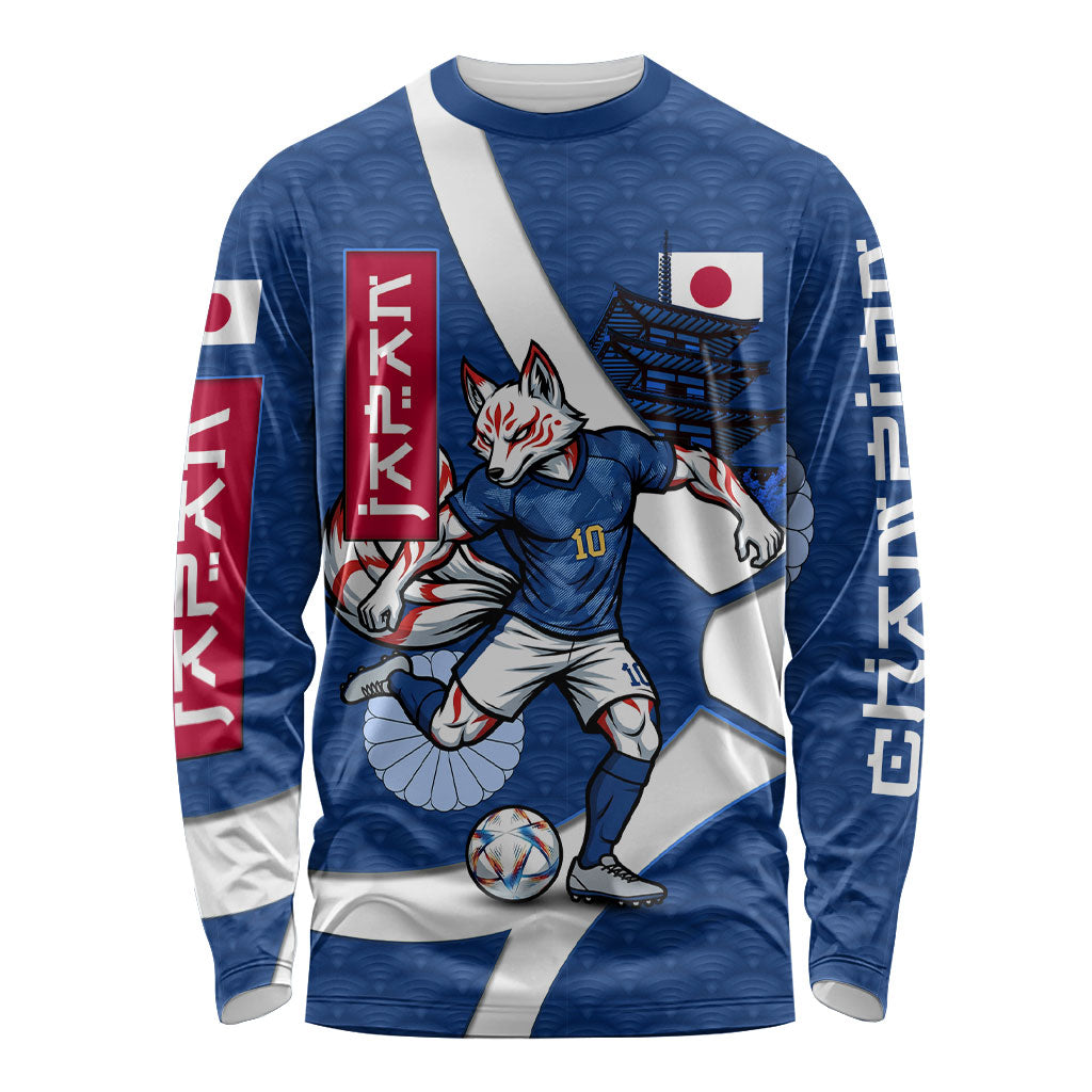 Personalized Japan Football Kitsune Mascot Long Sleeve Shirt Japanese Pagoda Kitsune Mask Blue Samurai Style
