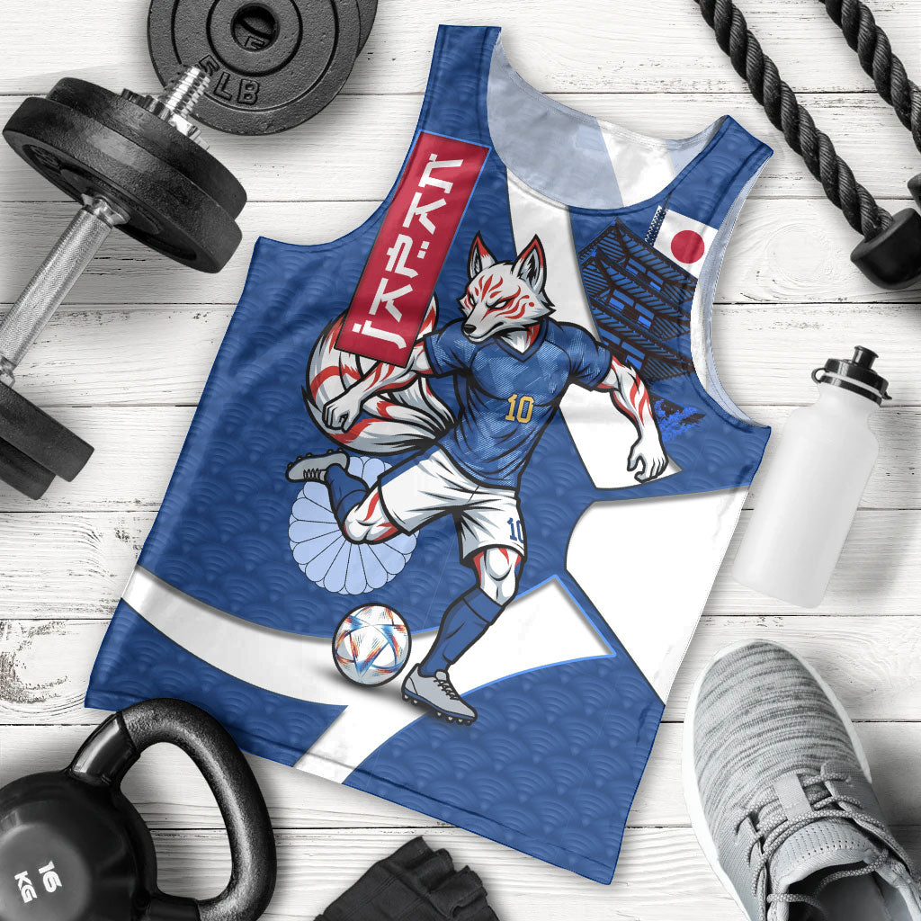 Personalized Japan Football Kitsune Mascot Men Tank Top Japanese Pagoda Kitsune Mask Blue Samurai Style