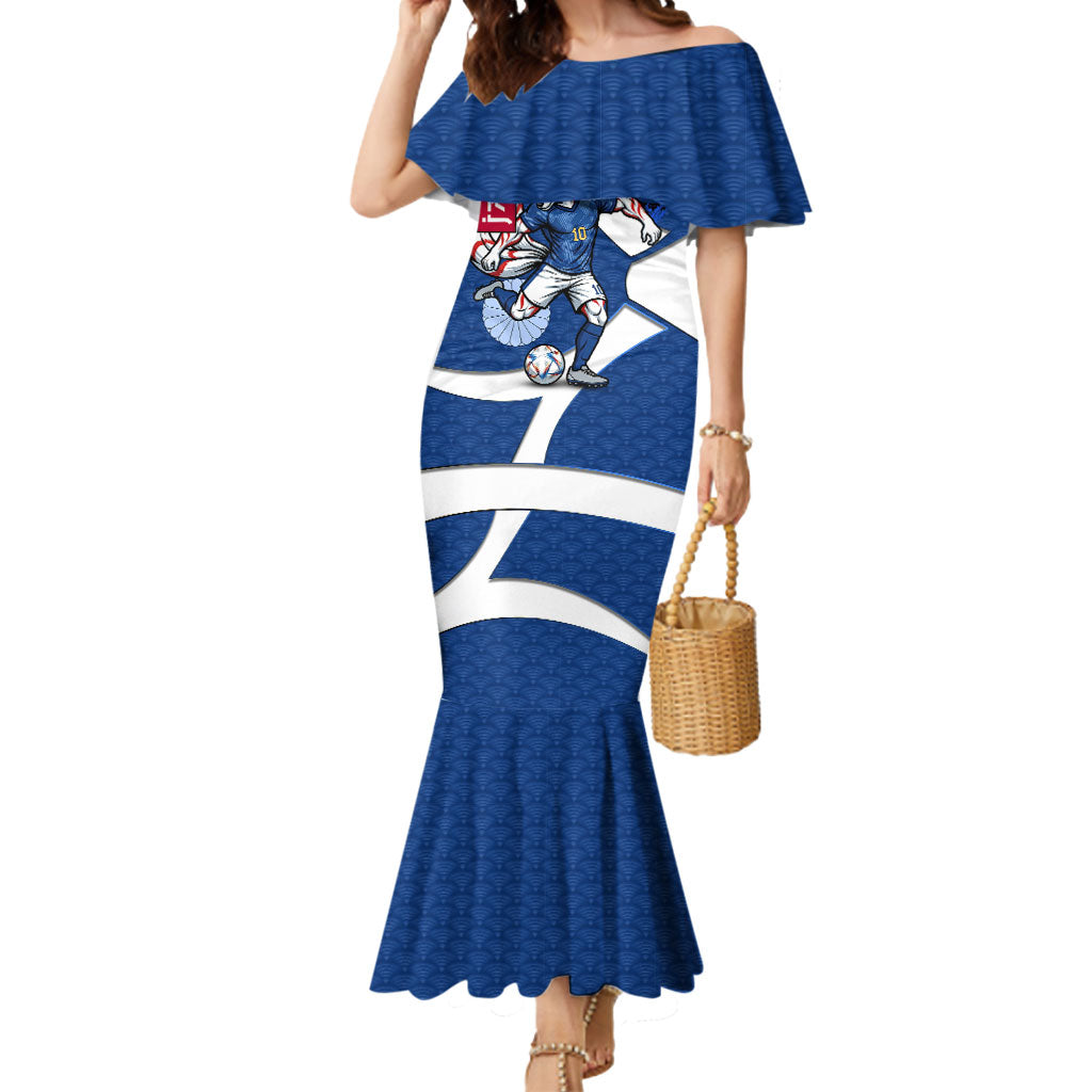 Personalized Japan Football Kitsune Mascot Mermaid Dress Japanese Pagoda Kitsune Mask Blue Samurai Style