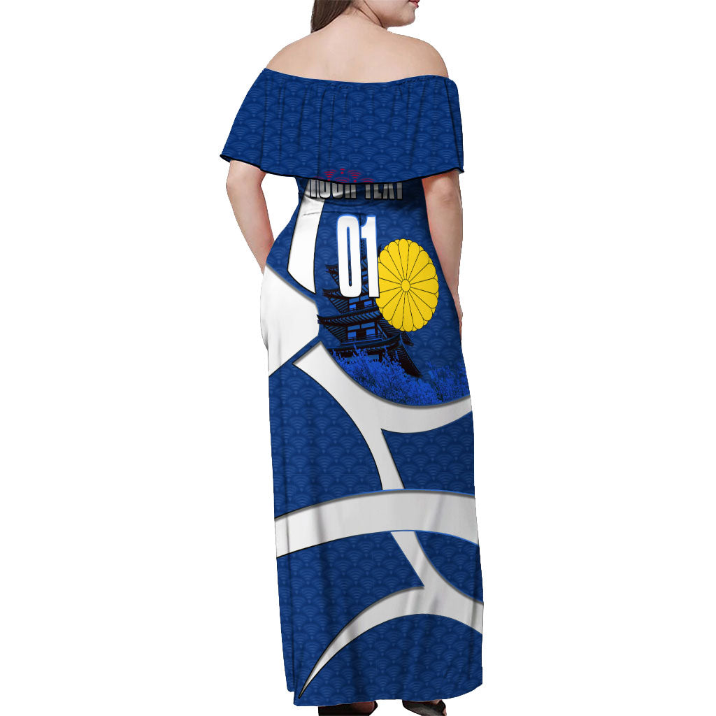 Personalized Japan Football Kitsune Mascot Off Shoulder Maxi Dress Japanese Pagoda Kitsune Mask Blue Samurai Style