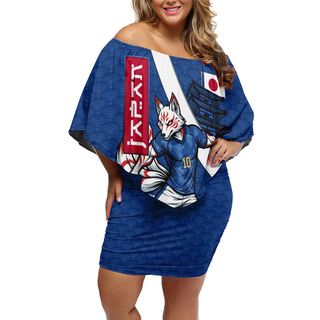 Personalized Japan Football Kitsune Mascot Off Shoulder Short Dress Japanese Pagoda Kitsune Mask Blue Samurai Style