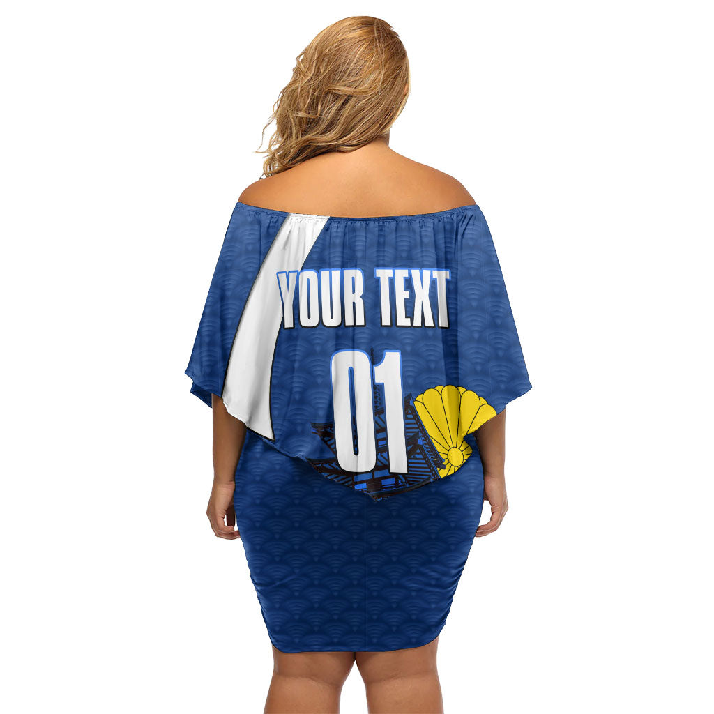 Personalized Japan Football Kitsune Mascot Off Shoulder Short Dress Japanese Pagoda Kitsune Mask Blue Samurai Style