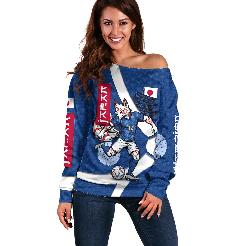 Personalized Japan Football Kitsune Mascot Off Shoulder Sweater Japanese Pagoda Kitsune Mask Blue Samurai Style