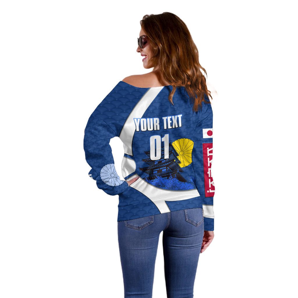 Personalized Japan Football Kitsune Mascot Off Shoulder Sweater Japanese Pagoda Kitsune Mask Blue Samurai Style
