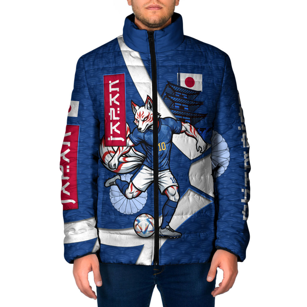 Personalized Japan Football Kitsune Mascot Padded Jacket Japanese Pagoda Kitsune Mask Blue Samurai Style