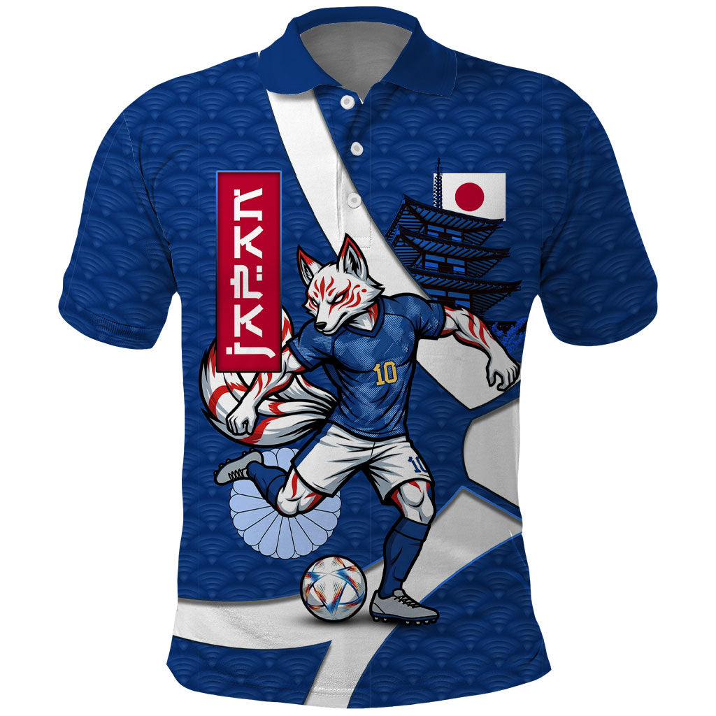 Personalized Japan Football Kitsune Mascot Polo Shirt Japanese Pagoda Kitsune Mask Blue Samurai Style