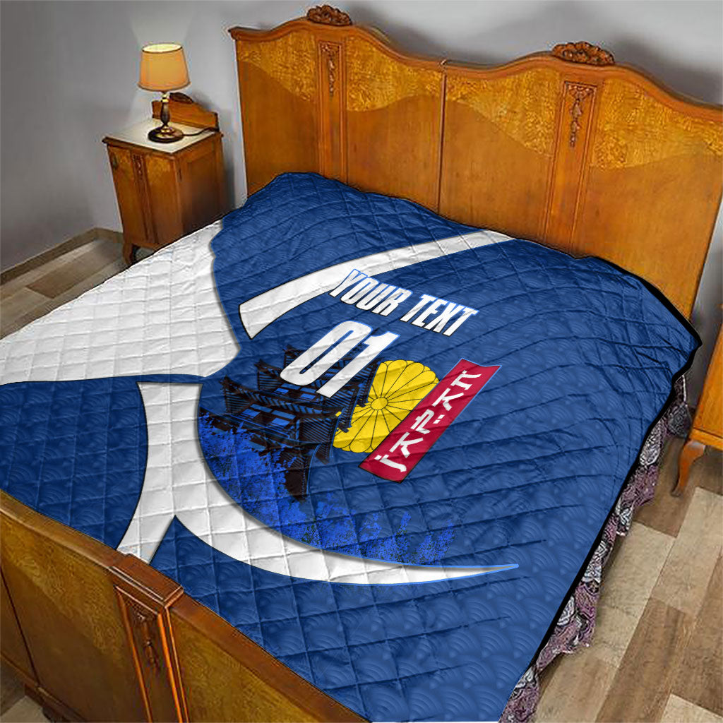 Personalized Japan Football Kitsune Mascot Quilt Japanese Pagoda Kitsune Mask Blue Samurai Style