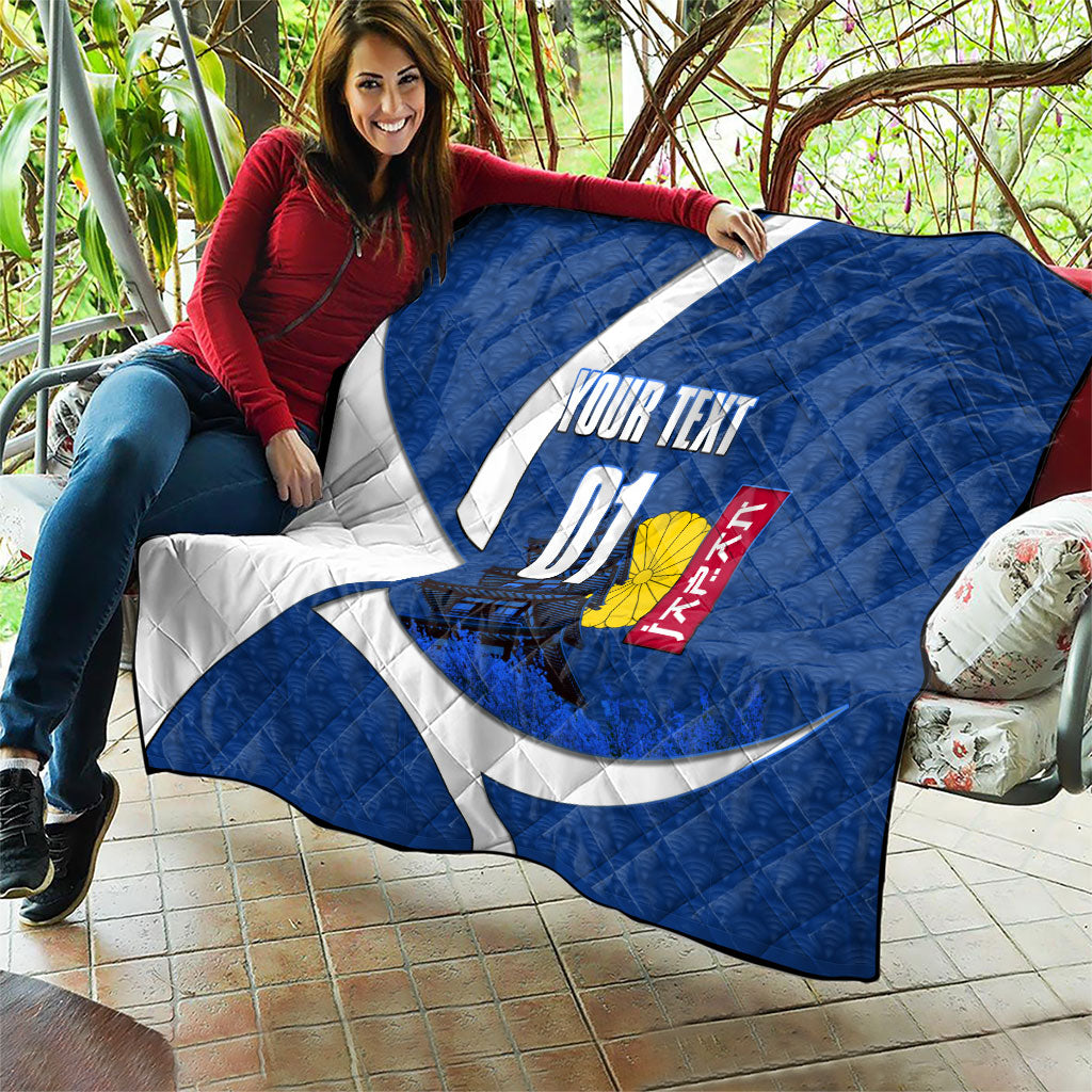 Personalized Japan Football Kitsune Mascot Quilt Japanese Pagoda Kitsune Mask Blue Samurai Style