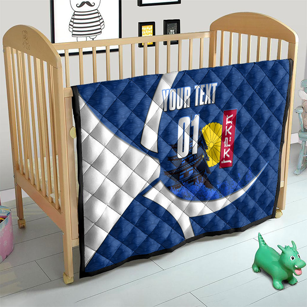 Personalized Japan Football Kitsune Mascot Quilt Japanese Pagoda Kitsune Mask Blue Samurai Style