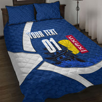 Personalized Japan Football Kitsune Mascot Quilt Bed Set Japanese Pagoda Kitsune Mask Blue Samurai Style