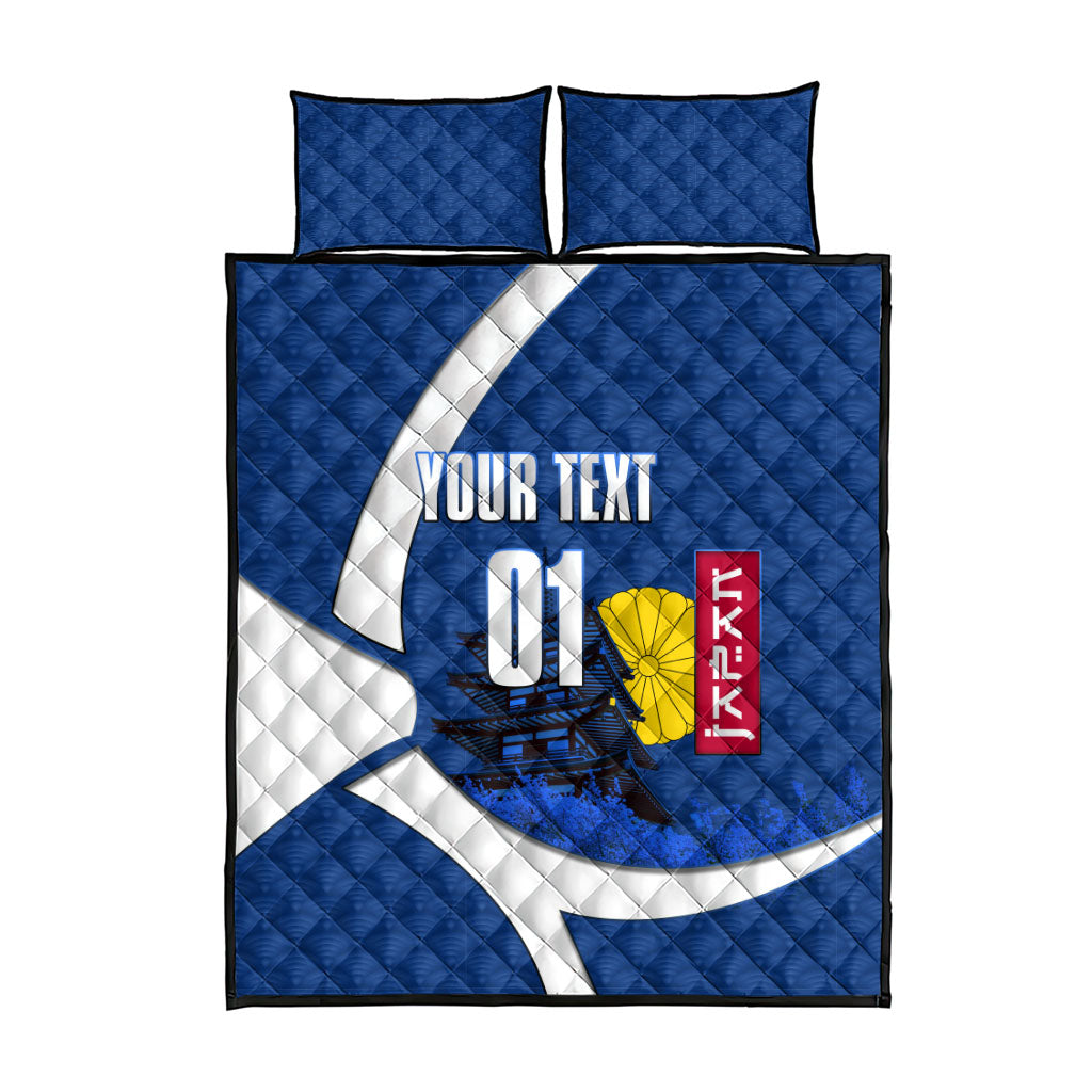 Personalized Japan Football Kitsune Mascot Quilt Bed Set Japanese Pagoda Kitsune Mask Blue Samurai Style