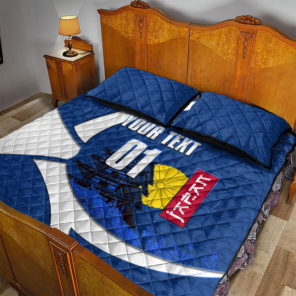 Personalized Japan Football Kitsune Mascot Quilt Bed Set Japanese Pagoda Kitsune Mask Blue Samurai Style