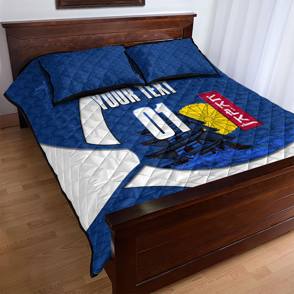 Personalized Japan Football Kitsune Mascot Quilt Bed Set Japanese Pagoda Kitsune Mask Blue Samurai Style