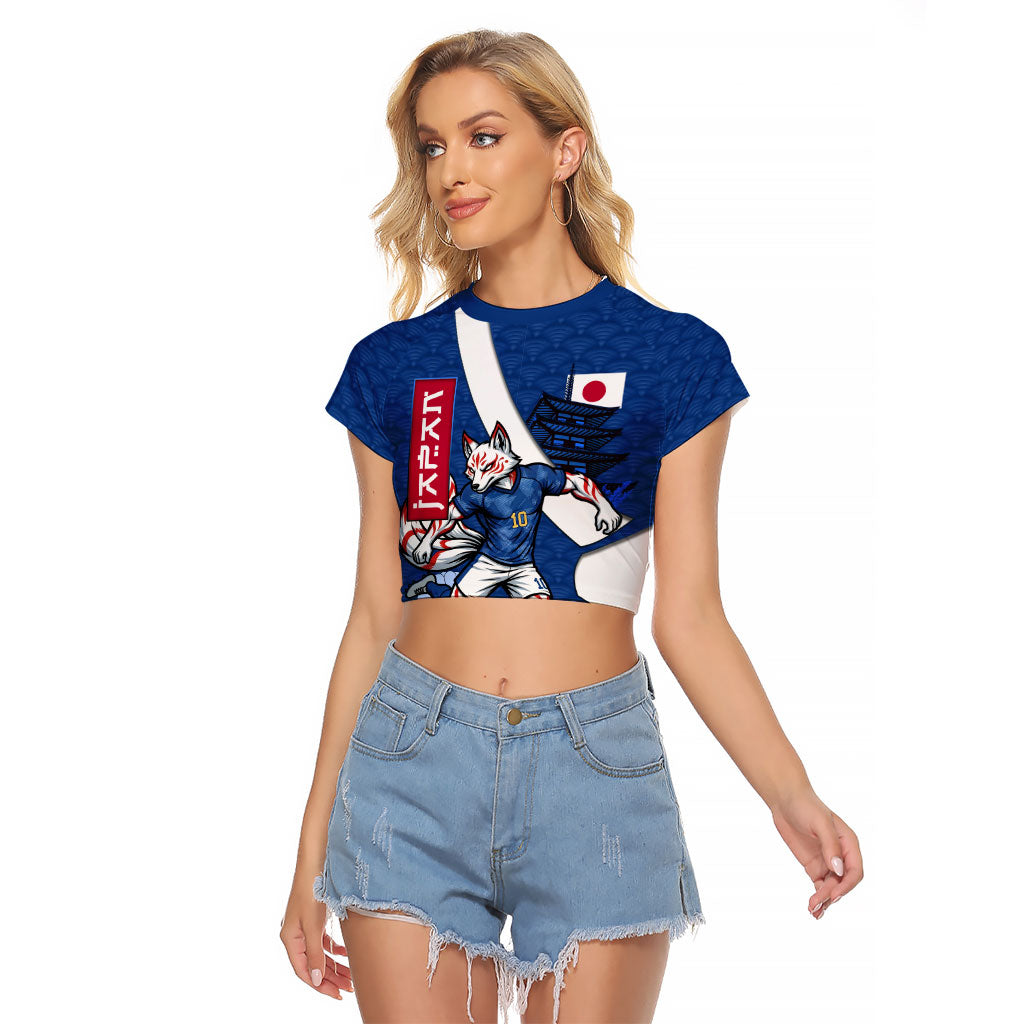 Personalized Japan Football Kitsune Mascot Raglan Cropped T Shirt Japanese Pagoda Kitsune Mask Blue Samurai Style