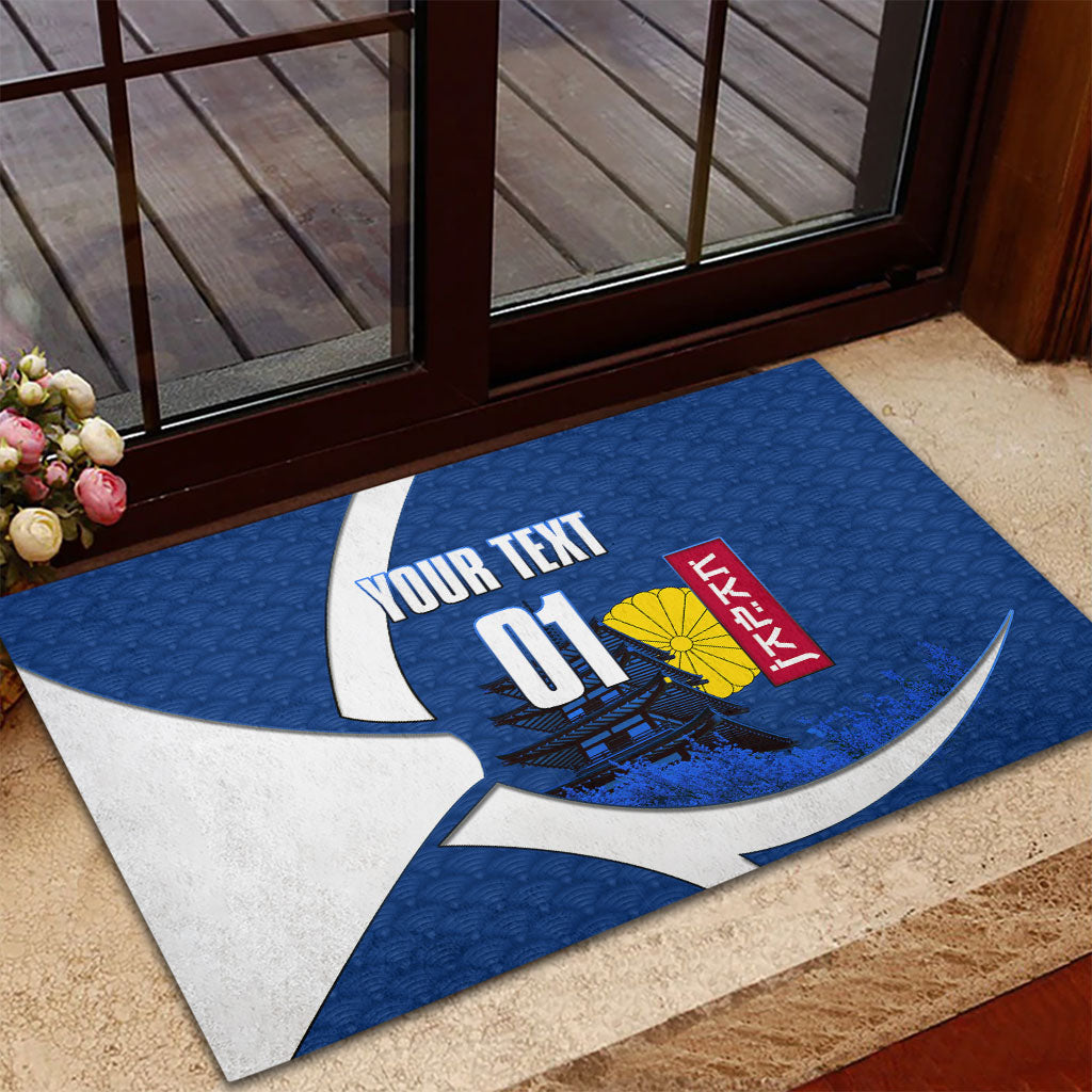 Personalized Japan Football Kitsune Mascot Rubber Doormat Japanese Pagoda Kitsune Mask Blue Samurai Style