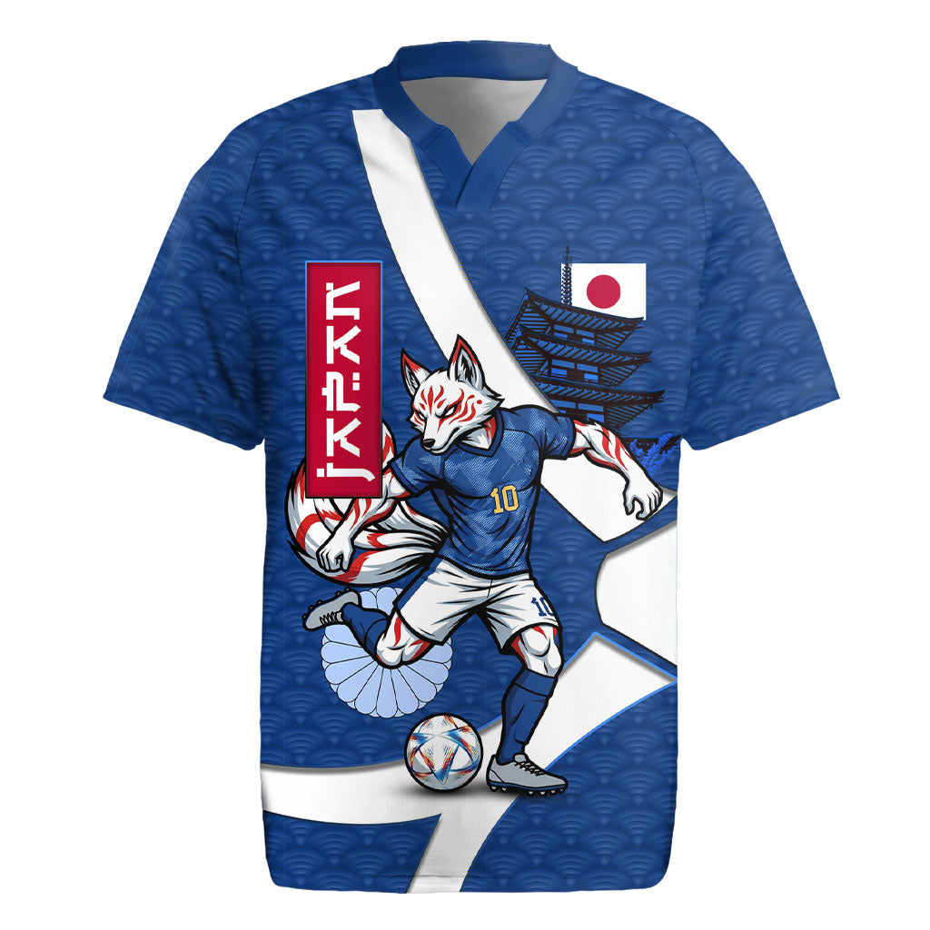 Personalized Japan Football Kitsune Mascot Rugby Jersey Japanese Pagoda Kitsune Mask Blue Samurai Style