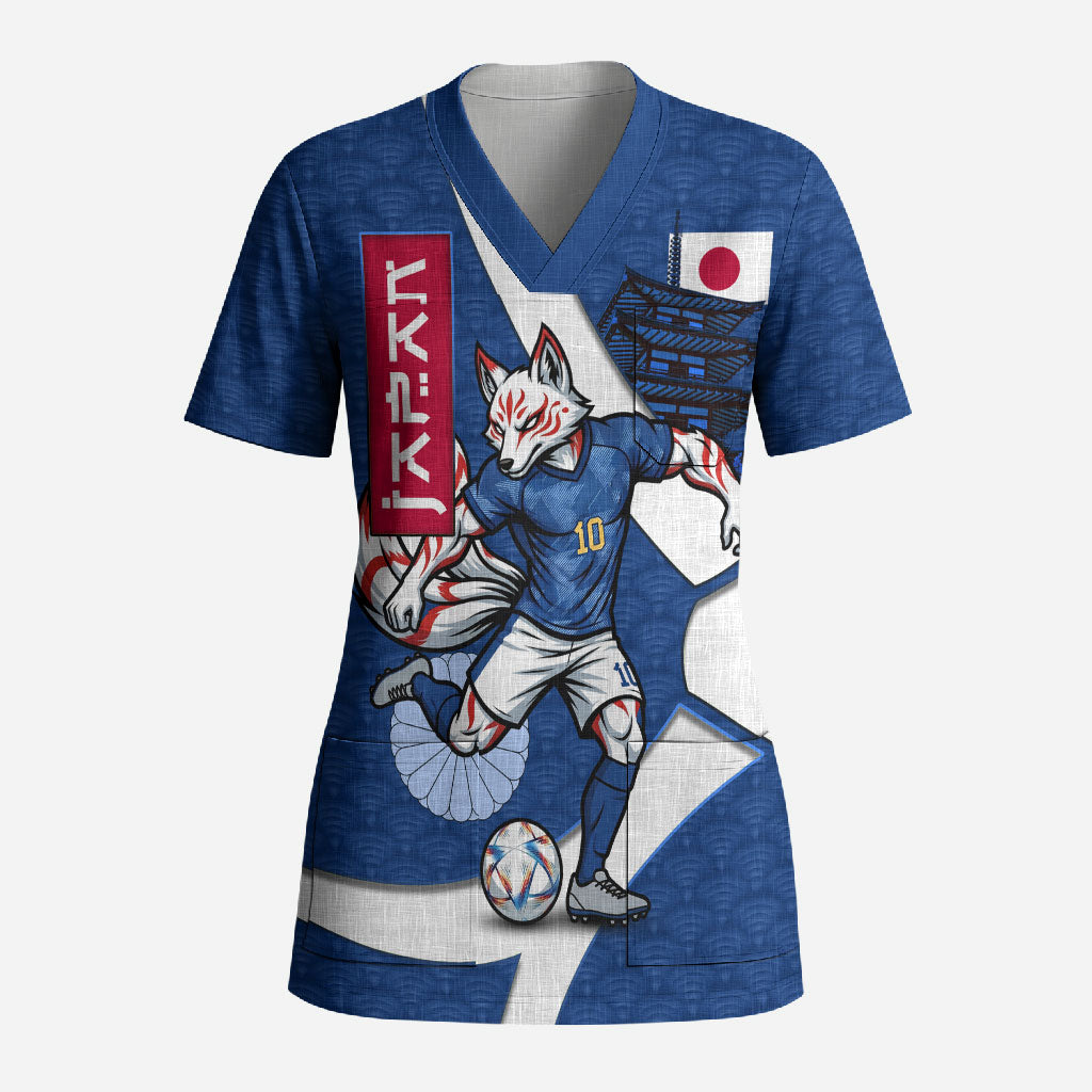 Personalized Japan Football Kitsune Mascot Scrub Top Japanese Pagoda Kitsune Mask Blue Samurai Style