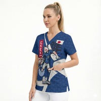 Personalized Japan Football Kitsune Mascot Scrub Top Japanese Pagoda Kitsune Mask Blue Samurai Style