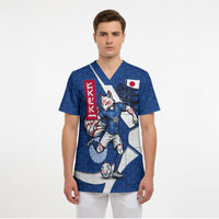 Personalized Japan Football Kitsune Mascot Scrub Top Japanese Pagoda Kitsune Mask Blue Samurai Style