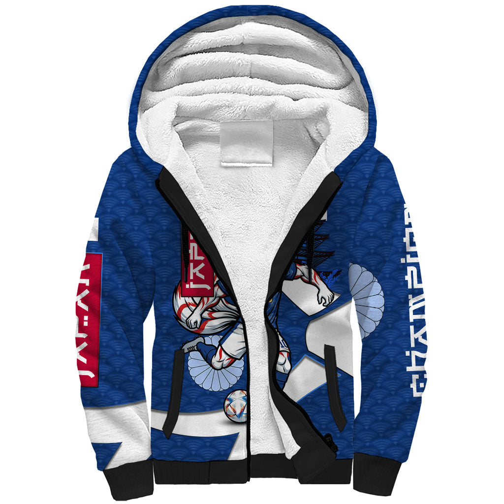 Personalized Japan Football Kitsune Mascot Sherpa Hoodie Japanese Pagoda Kitsune Mask Blue Samurai Style