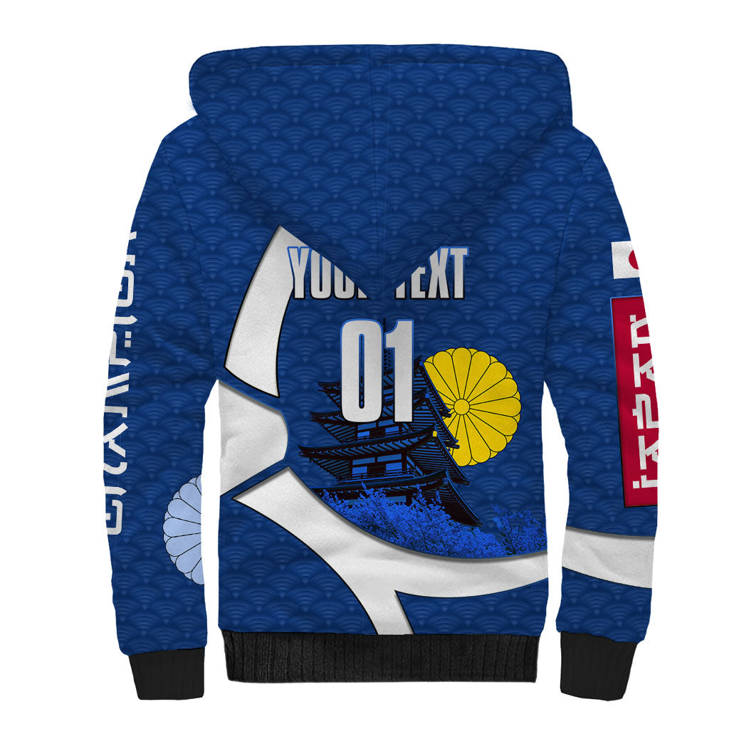 Personalized Japan Football Kitsune Mascot Sherpa Hoodie Japanese Pagoda Kitsune Mask Blue Samurai Style