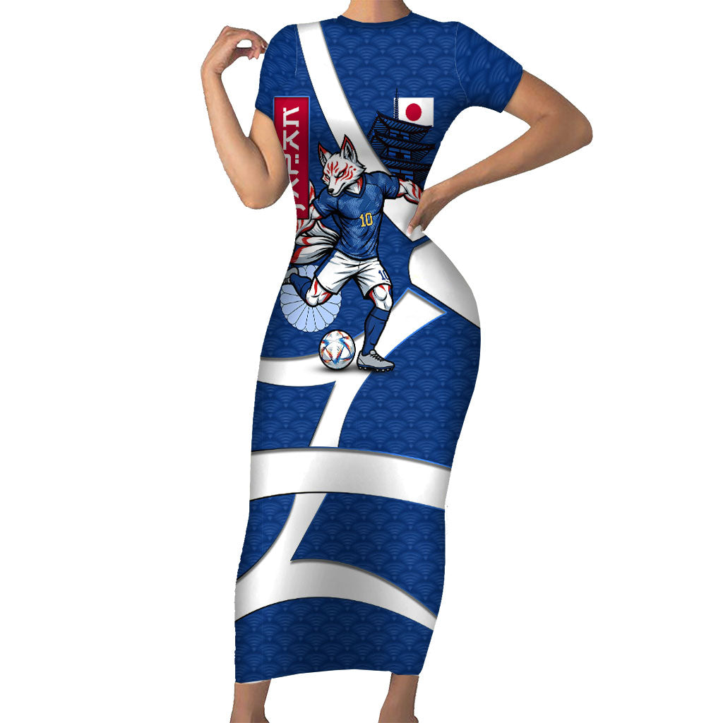 Personalized Japan Football Kitsune Mascot Short Sleeve Bodycon Dress Japanese Pagoda Kitsune Mask Blue Samurai Style