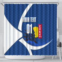 Personalized Japan Football Kitsune Mascot Shower Curtain Japanese Pagoda Kitsune Mask Blue Samurai Style