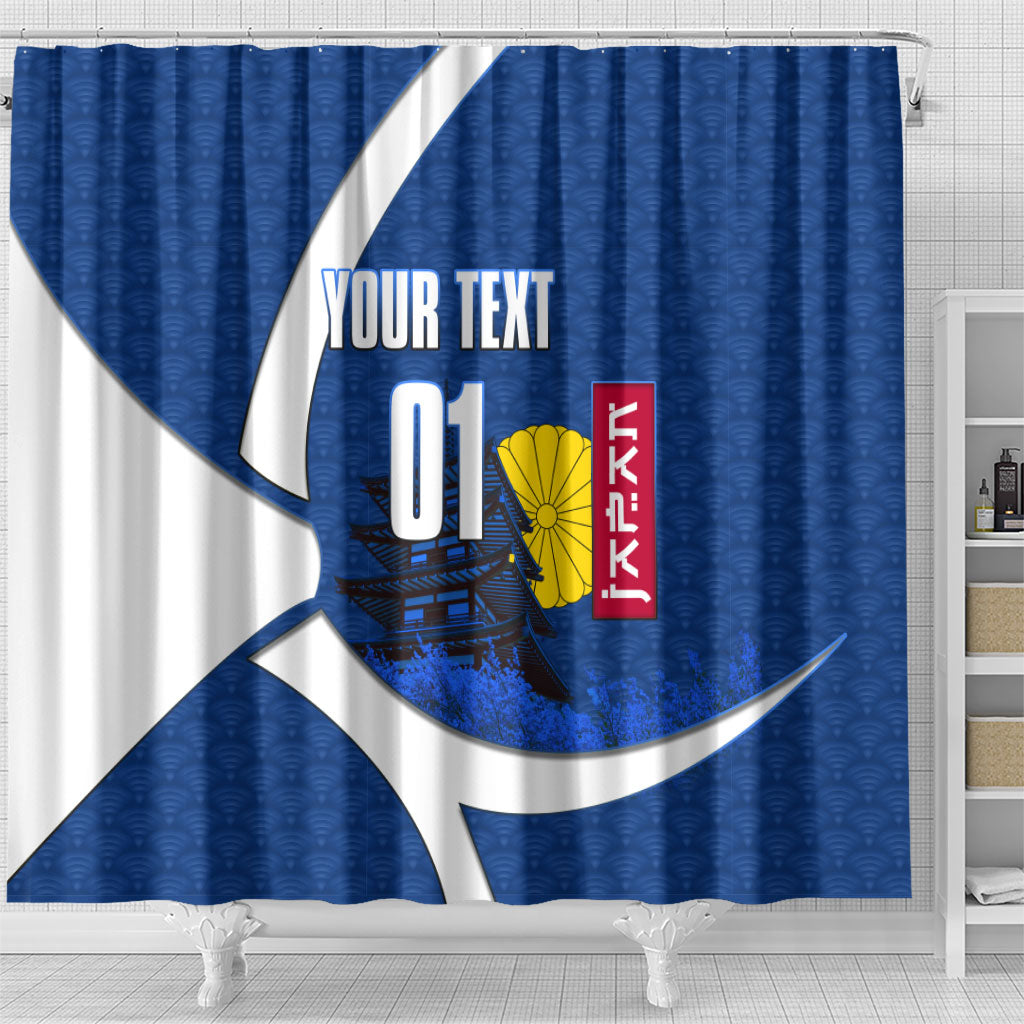 Personalized Japan Football Kitsune Mascot Shower Curtain Japanese Pagoda Kitsune Mask Blue Samurai Style