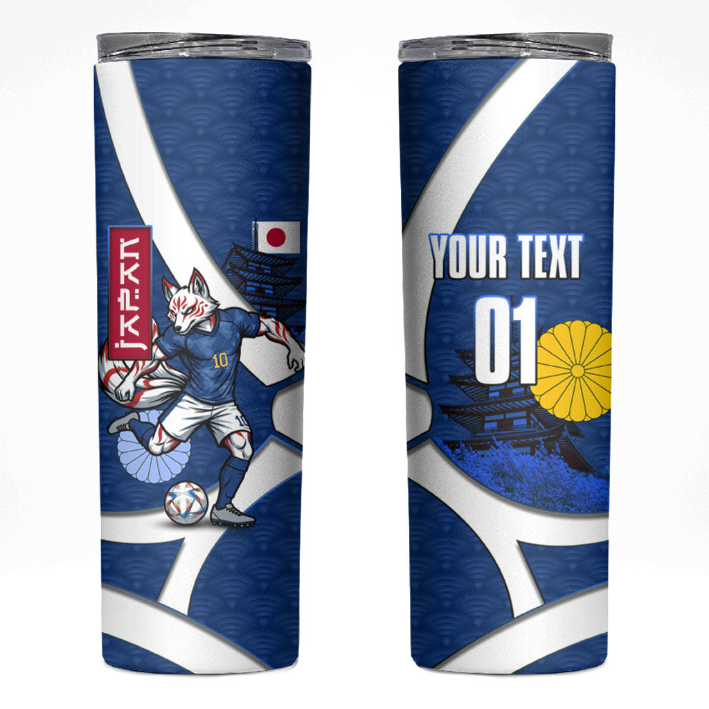 Personalized Japan Football Kitsune Mascot Skinny Tumbler Japanese Pagoda Kitsune Mask Blue Samurai Style