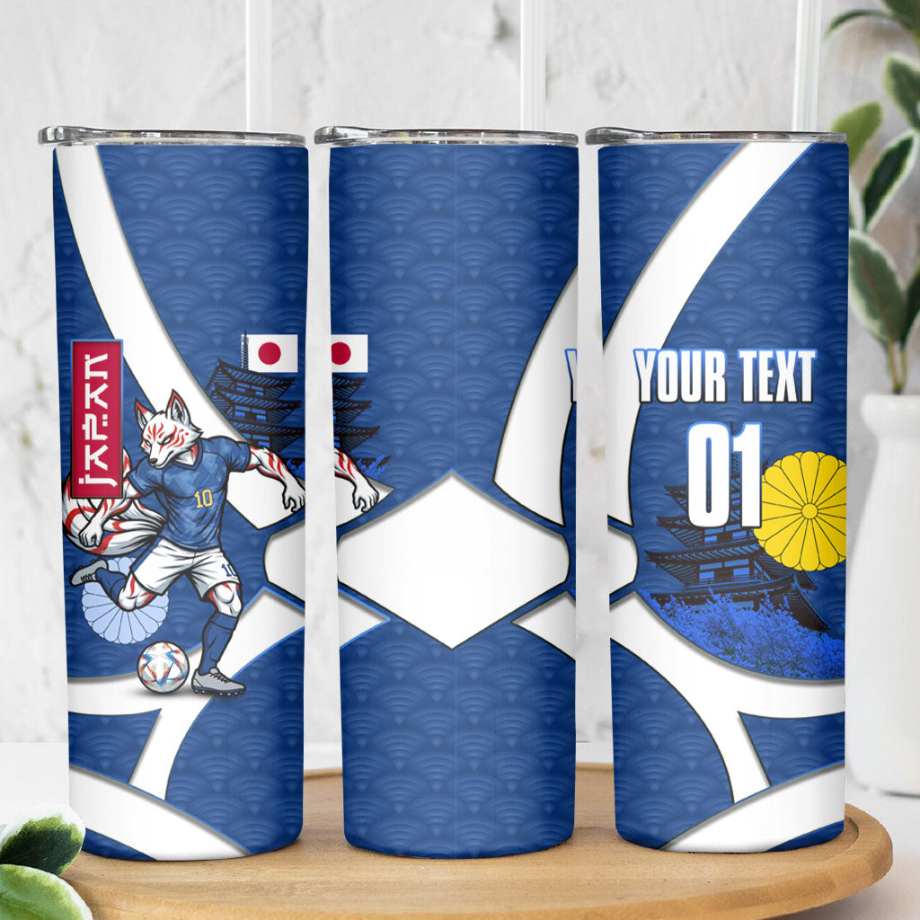 Personalized Japan Football Kitsune Mascot Skinny Tumbler Japanese Pagoda Kitsune Mask Blue Samurai Style