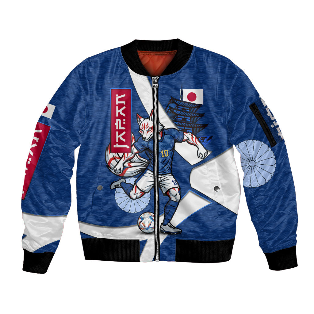 Personalized Japan Football Kitsune Mascot Sleeve Zip Bomber Jacket Japanese Pagoda Kitsune Mask Blue Samurai Style