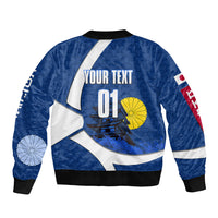 Personalized Japan Football Kitsune Mascot Sleeve Zip Bomber Jacket Japanese Pagoda Kitsune Mask Blue Samurai Style