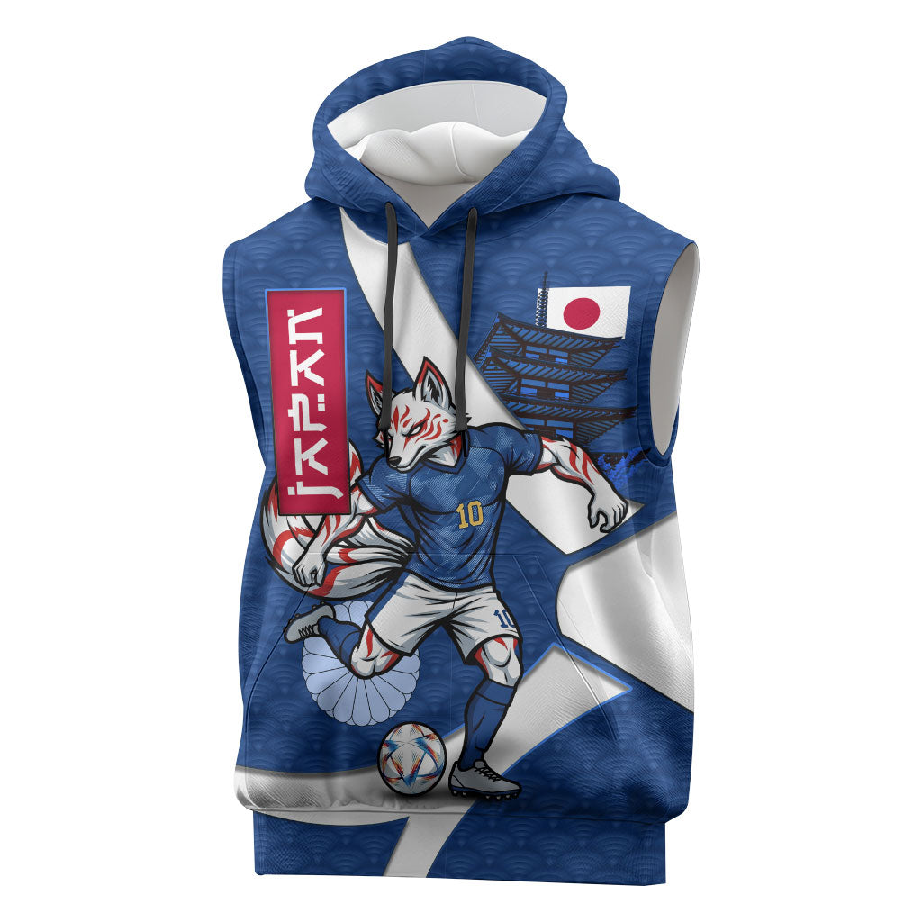 Personalized Japan Football Kitsune Mascot Sleeveless Hoodie Japanese Pagoda Kitsune Mask Blue Samurai Style