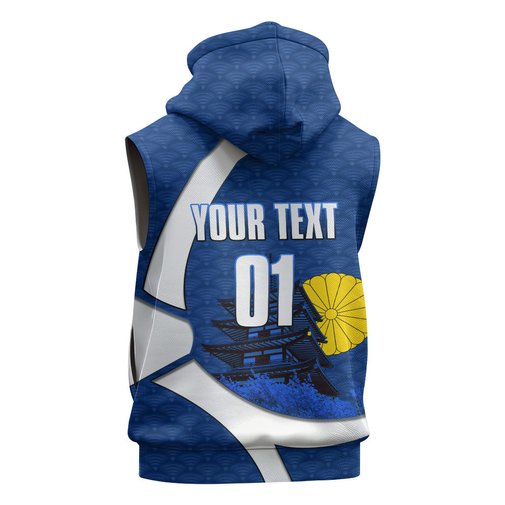 Personalized Japan Football Kitsune Mascot Sleeveless Hoodie Japanese Pagoda Kitsune Mask Blue Samurai Style