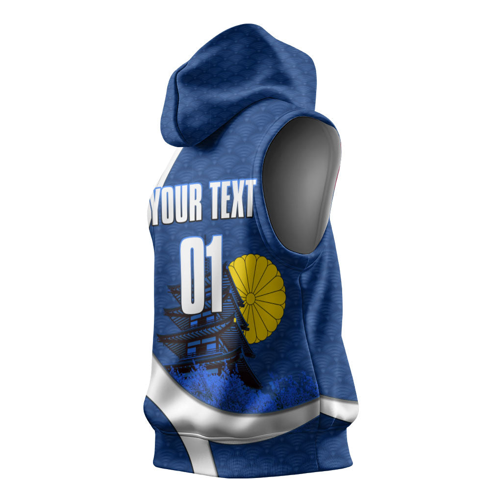 Personalized Japan Football Kitsune Mascot Sleeveless Hoodie Japanese Pagoda Kitsune Mask Blue Samurai Style