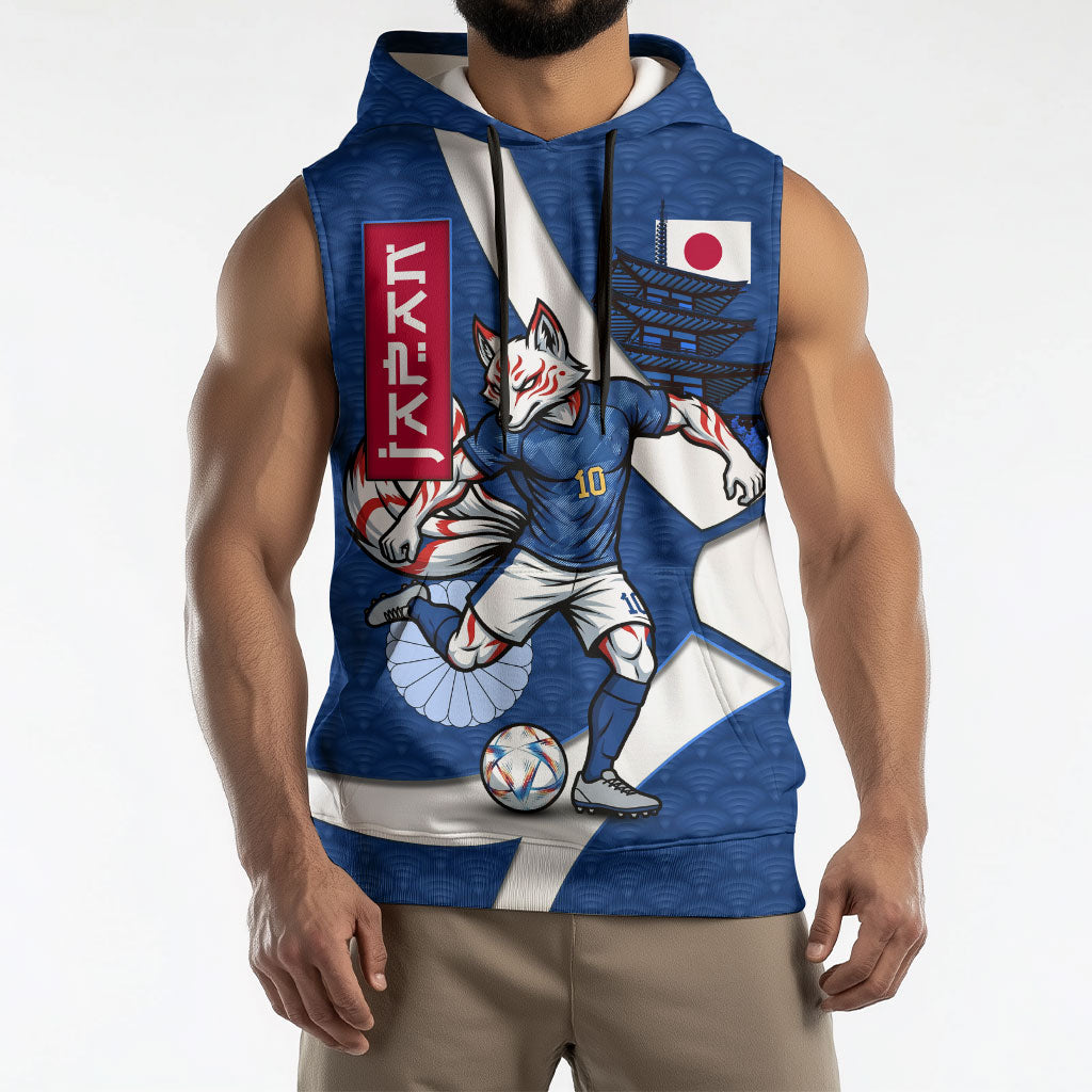 Personalized Japan Football Kitsune Mascot Sleeveless Hoodie Japanese Pagoda Kitsune Mask Blue Samurai Style