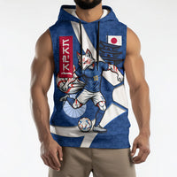 Personalized Japan Football Kitsune Mascot Sleeveless Hoodie Japanese Pagoda Kitsune Mask Blue Samurai Style
