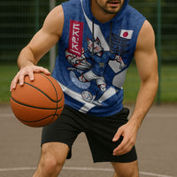 Personalized Japan Football Kitsune Mascot Sleeveless Hoodie Japanese Pagoda Kitsune Mask Blue Samurai Style