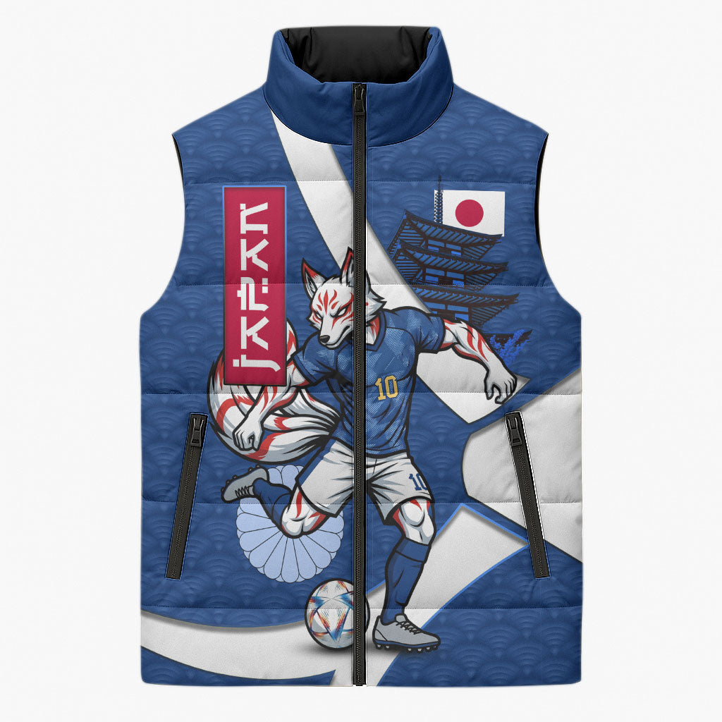 Personalized Japan Football Kitsune Mascot Sleeveless Puffer Jacket Japanese Pagoda Kitsune Mask Blue Samurai Style