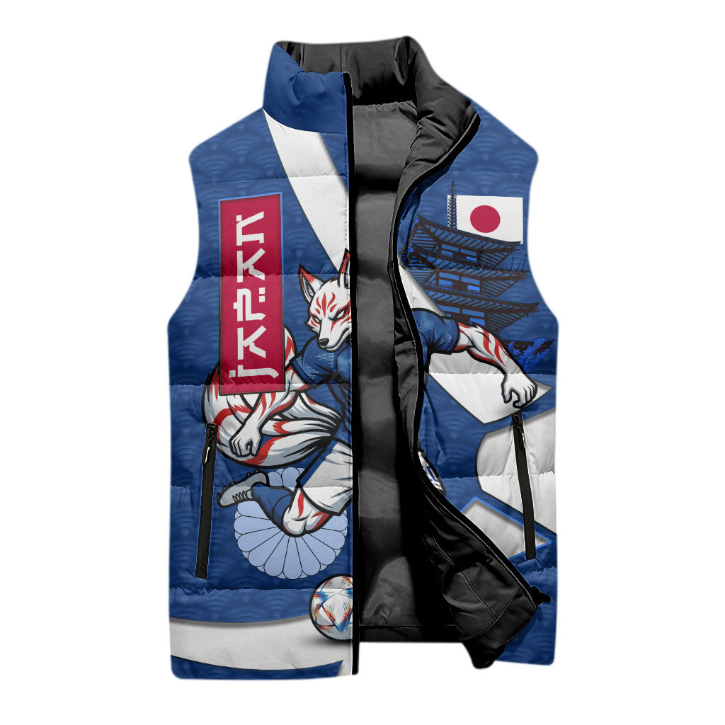 Personalized Japan Football Kitsune Mascot Sleeveless Puffer Jacket Japanese Pagoda Kitsune Mask Blue Samurai Style