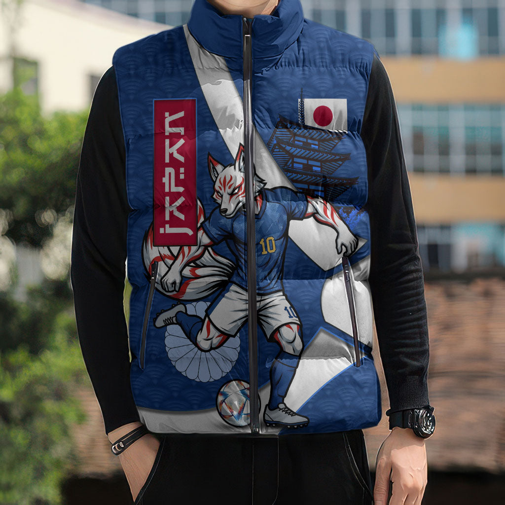 Personalized Japan Football Kitsune Mascot Sleeveless Puffer Jacket Japanese Pagoda Kitsune Mask Blue Samurai Style
