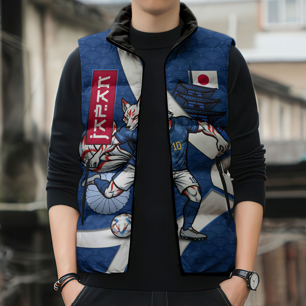 Personalized Japan Football Kitsune Mascot Sleeveless Puffer Jacket Japanese Pagoda Kitsune Mask Blue Samurai Style