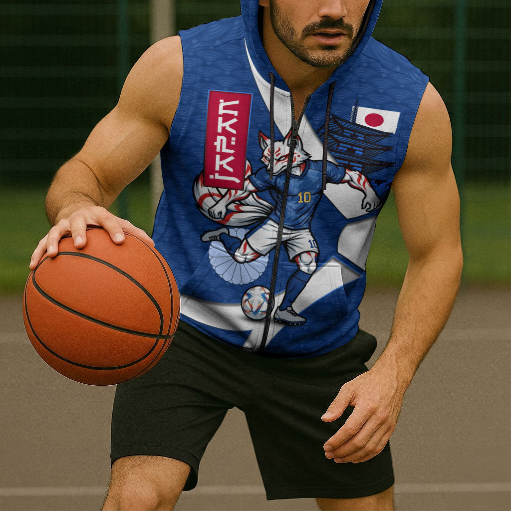 Personalized Japan Football Kitsune Mascot Sleeveless Zip Hoodie Japanese Pagoda Kitsune Mask Blue Samurai Style